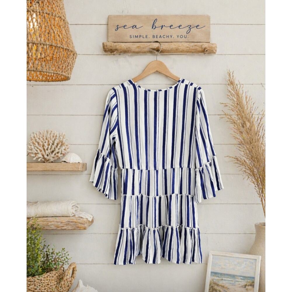 Blue Island White Striped Rayon Smocked Mini Dress S - Picture 2 of 2